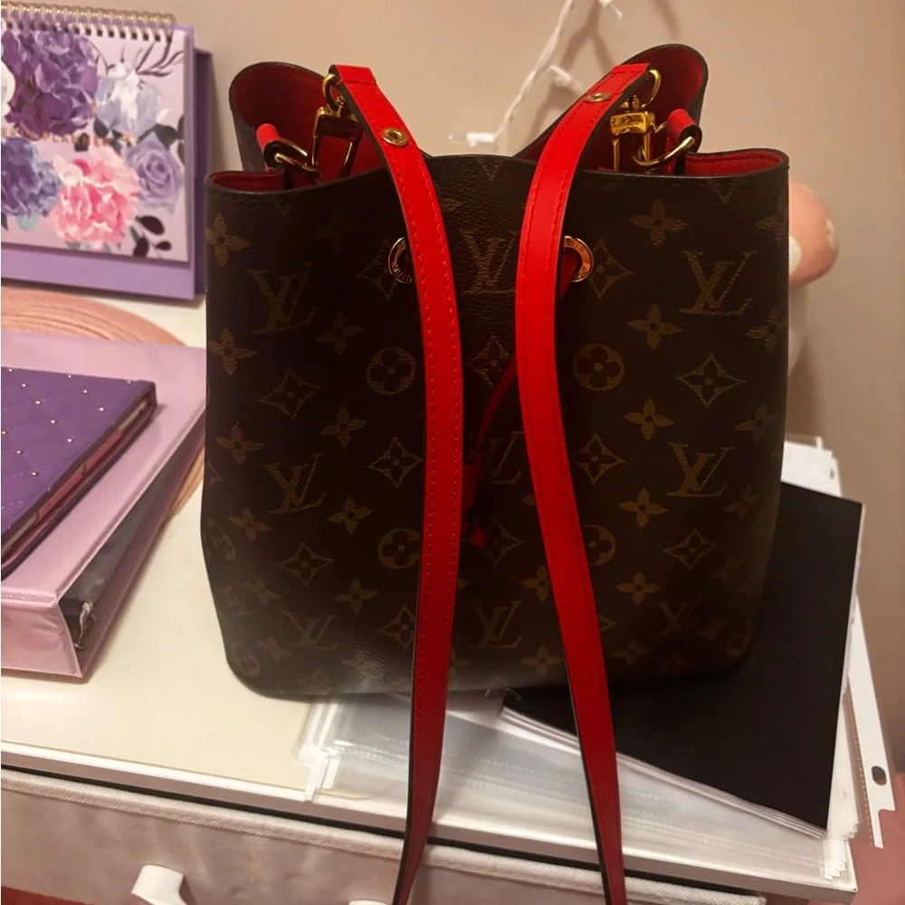 Louis Vuitton Monogram Drawstring Bucket Bag with Red Trim